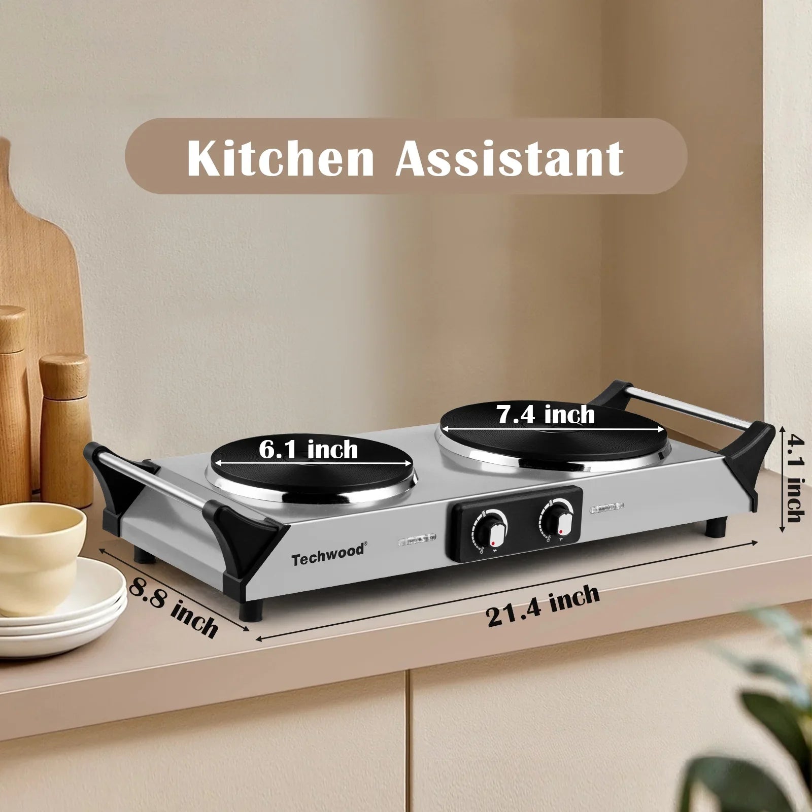 Techwood 1800W Stainless Steel Dual Hot Plate with Stay Cool Handles, Stainless Steel Hot Plate for Kitchen, Dorm, and Camping(Silver)